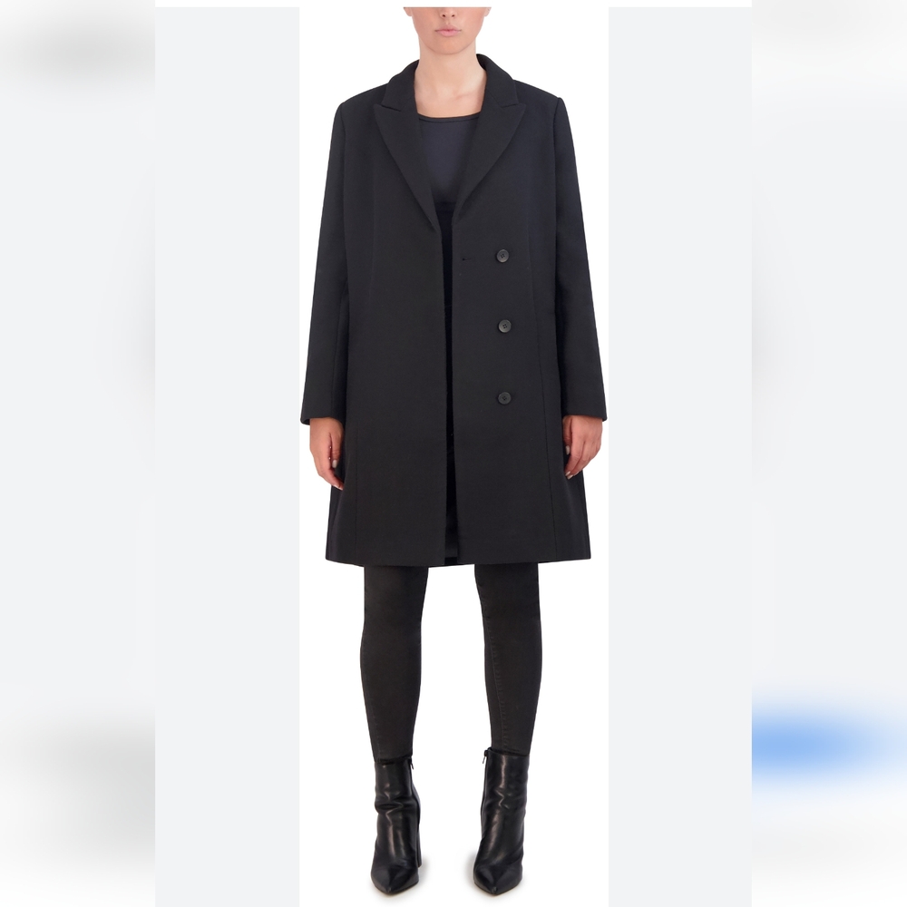 Cole Haan Asymmetric Peak Lapel Wool Polyester Blend Coat Black 14 Luxury Chic
